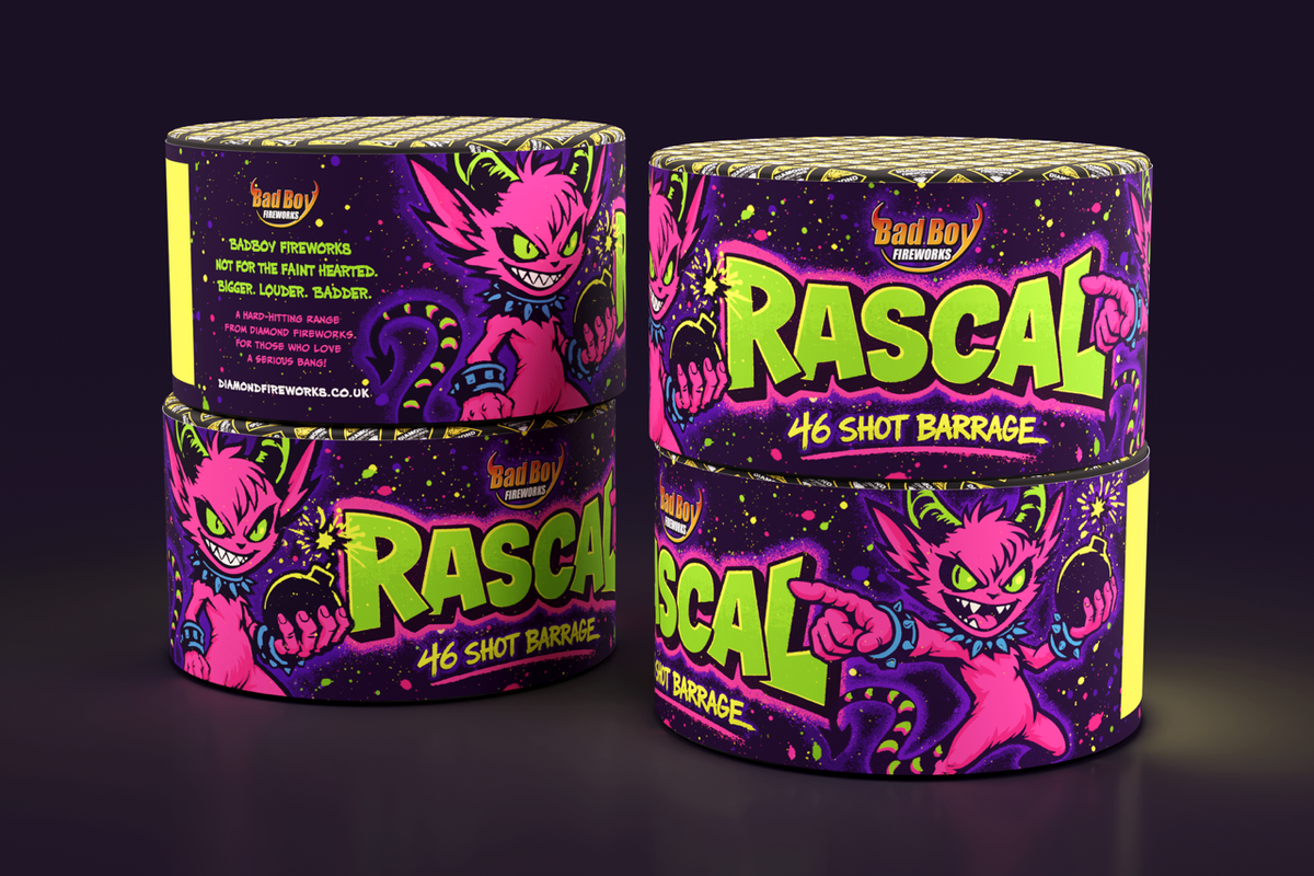 Diamond Fireworks RASCAL 46 SHOT BARRAGE original product photograph
