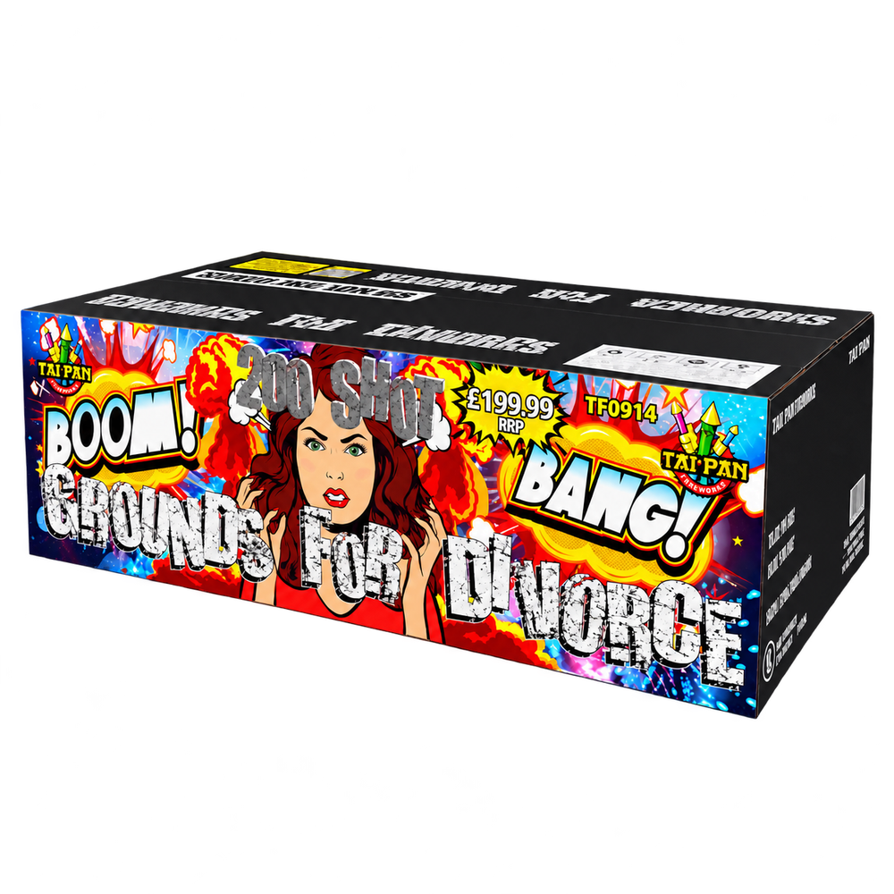 Tai Pan Grounds for Divorce 200 shot compound firework box on transparent background