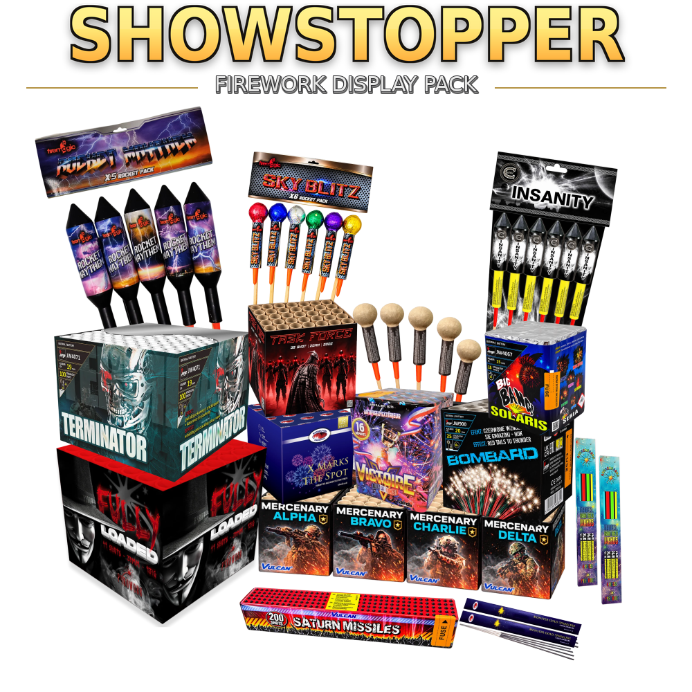 £399.99 Showstopper firework display pack with 13 main fireworks, sparklers and wands
