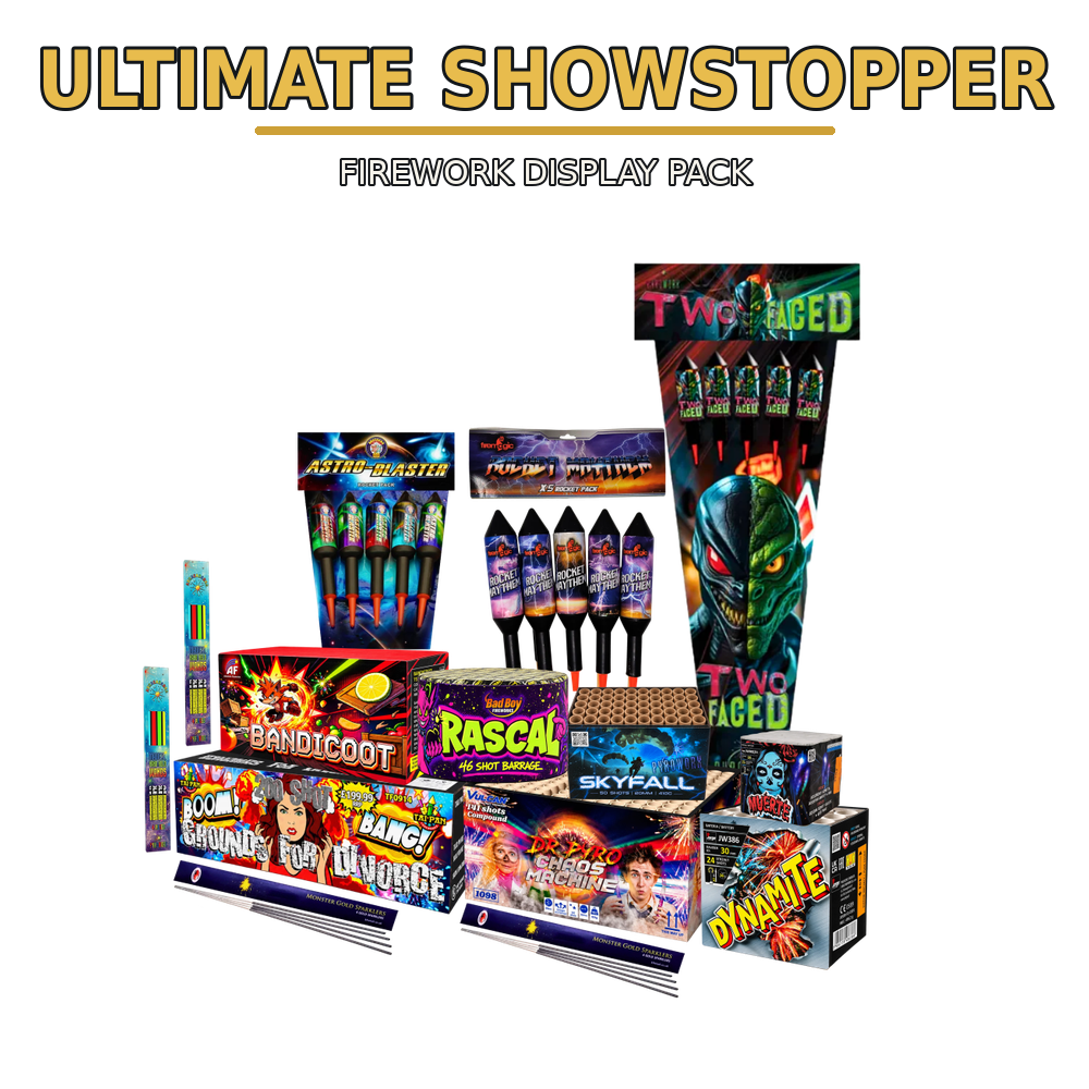 Ultimate Showstopper firework bundle with 10 main fireworks, rockets, compounds, sparklers and wands